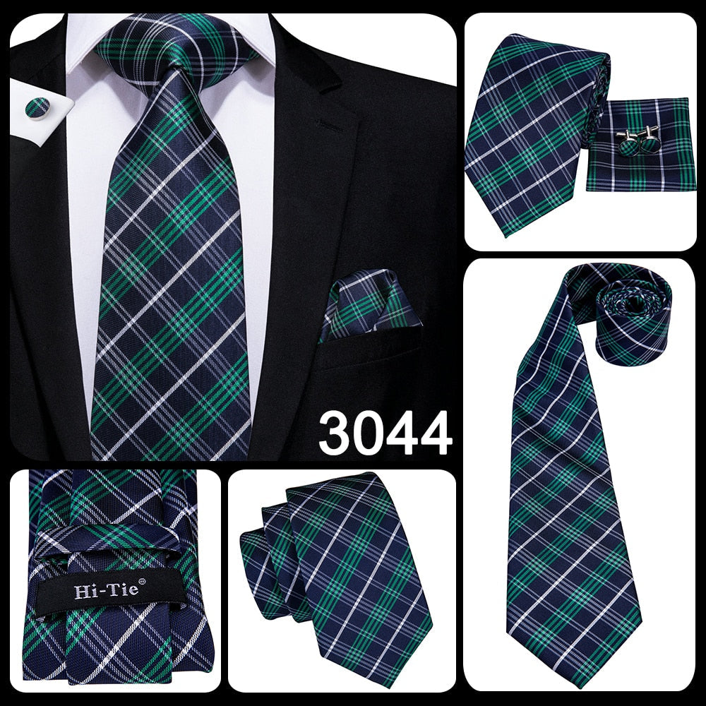 3 Piece Business Classic Blue Black Striped Solid Men's 3.4" Brand Necktie Pocket Square Cufflinks Wedding Party Silk Tie Set - The Clothing Company Sydney