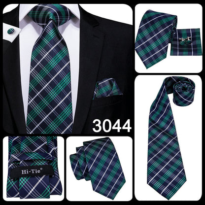3 Piece Business Classic Blue Black Striped Solid Men's 3.4" Brand Necktie Pocket Square Cufflinks Wedding Party Silk Tie Set - The Clothing Company Sydney