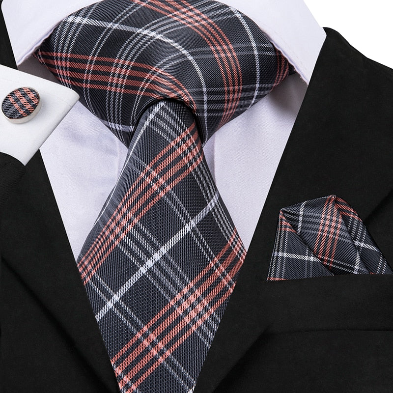 3 Piece Business Classic Blue Black Striped Solid Men's 3.4" Brand Necktie Pocket Square Cufflinks Wedding Party Silk Tie Set - The Clothing Company Sydney