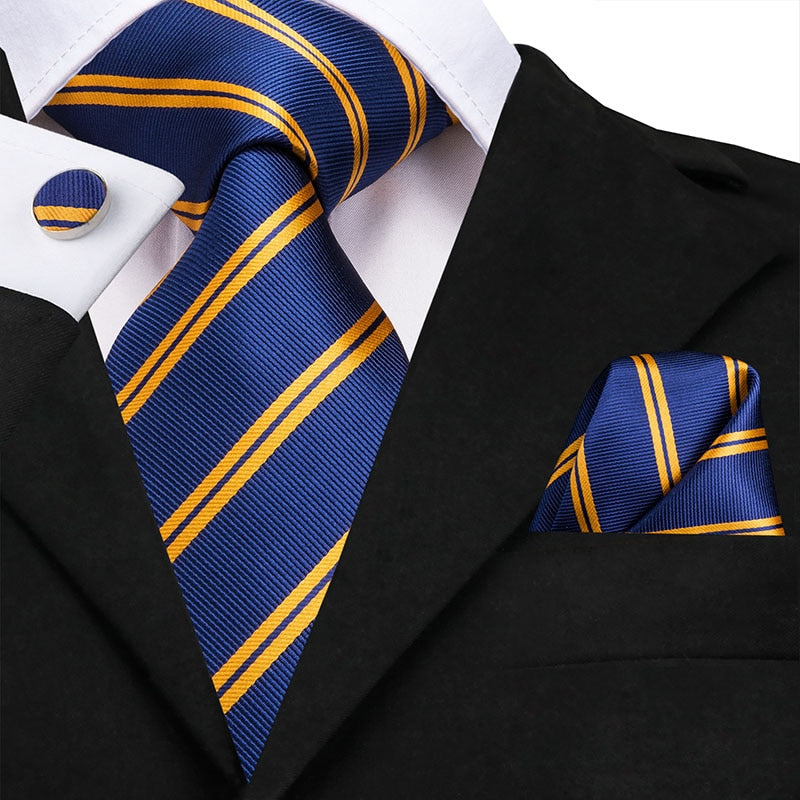 3 Piece Business Classic Blue Black Striped Solid Men's 3.4" Brand Necktie Pocket Square Cufflinks Wedding Party Silk Tie Set The Clothing Company Sydney