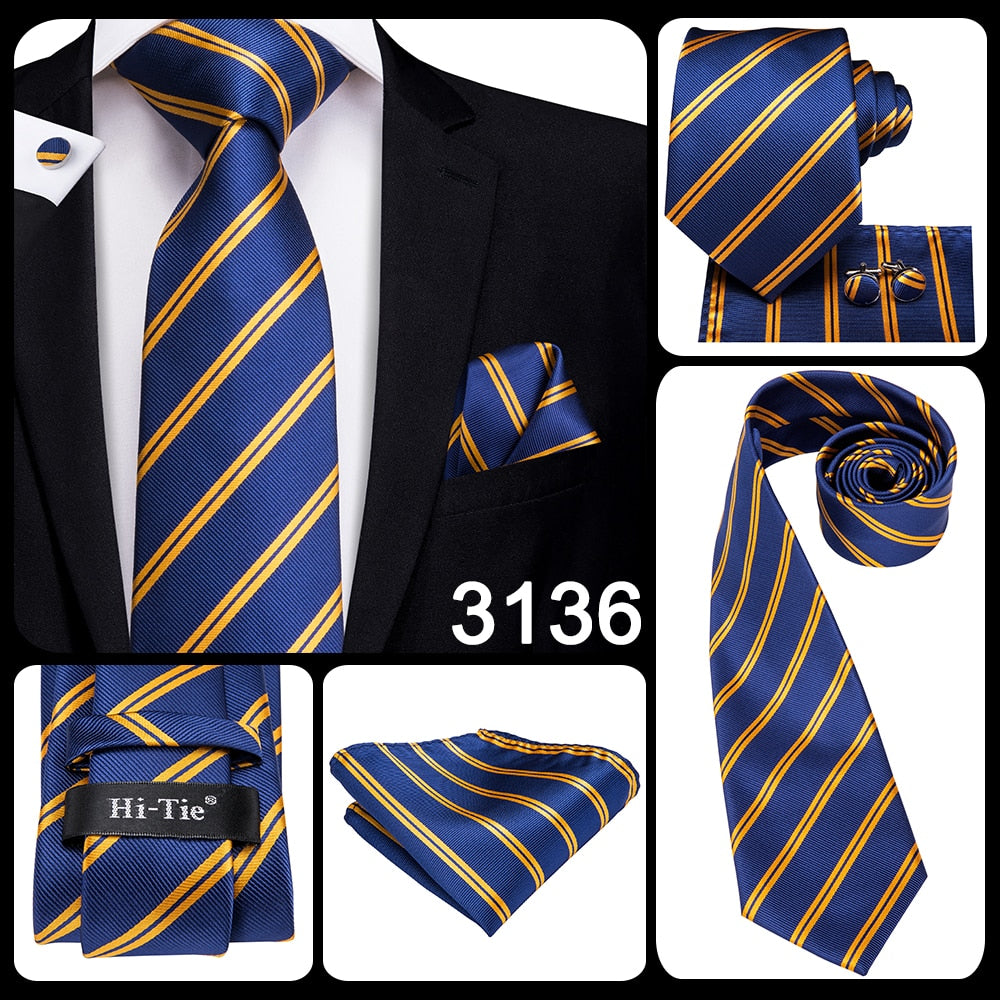 3 Piece Business Classic Blue Black Striped Solid Men's 3.4" Brand Necktie Pocket Square Cufflinks Wedding Party Silk Tie Set The Clothing Company Sydney