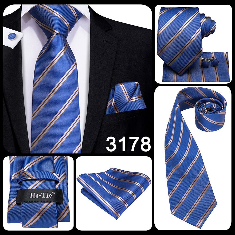 3 Piece Business Classic Blue Black Striped Solid Men's 3.4" Brand Necktie Pocket Square Cufflinks Wedding Party Silk Tie Set The Clothing Company Sydney
