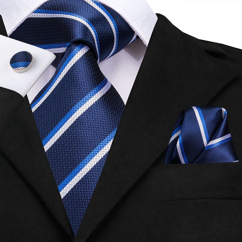 3 Piece Business Classic Blue Black Striped Solid Men's 3.4" Brand Necktie Pocket Square Cufflinks Wedding Party Silk Tie Set The Clothing Company Sydney