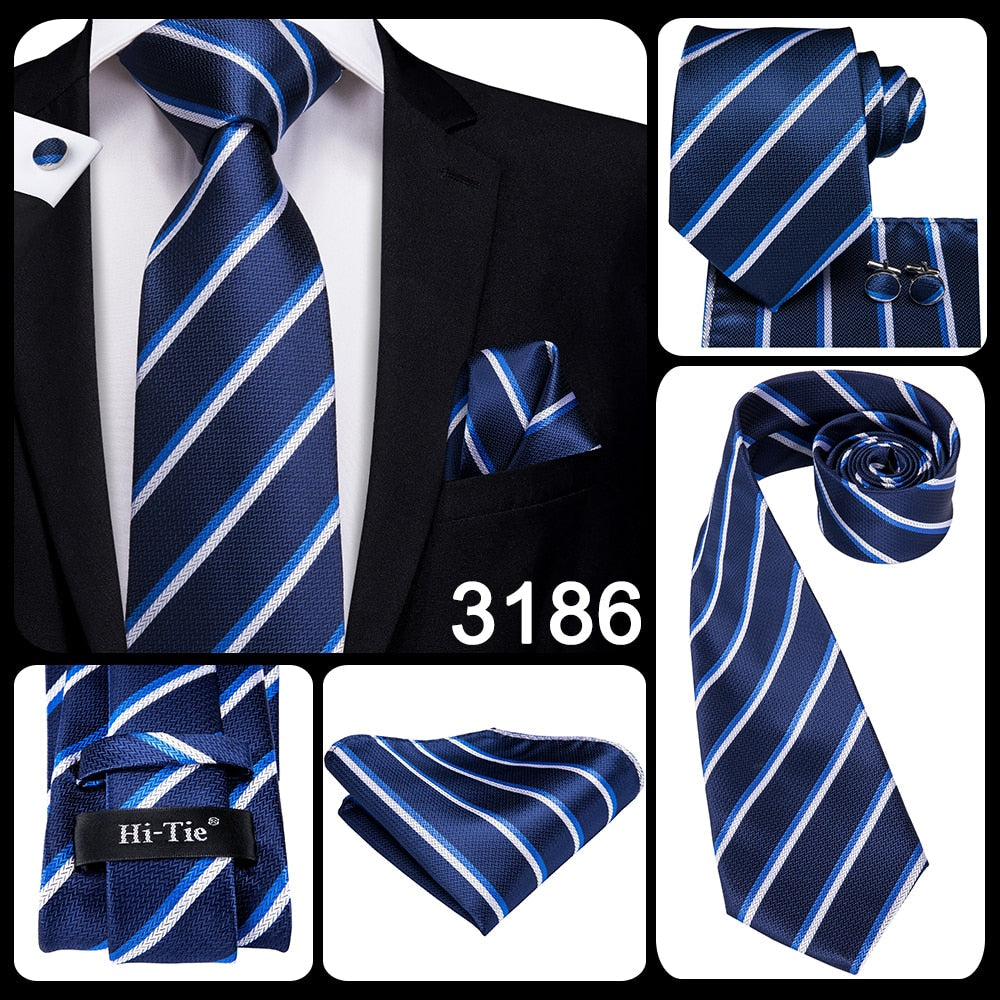 3 Piece Business Classic Blue Black Striped Solid Men's 3.4" Brand Necktie Pocket Square Cufflinks Wedding Party Silk Tie Set The Clothing Company Sydney