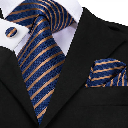 3 Piece Business Classic Blue Black Striped Solid Men's 3.4" Brand Necktie Pocket Square Cufflinks Wedding Party Silk Tie Set The Clothing Company Sydney