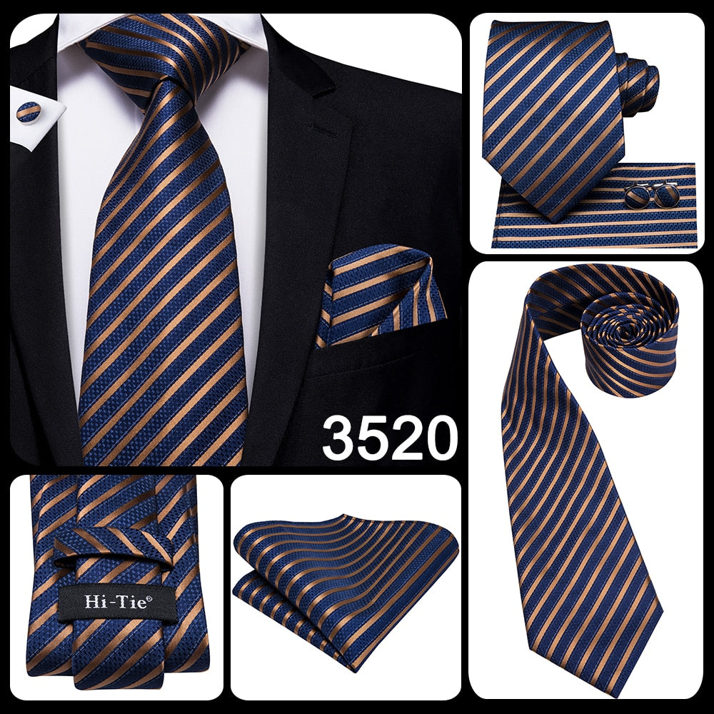 3 Piece Business Classic Blue Black Striped Solid Men's 3.4" Brand Necktie Pocket Square Cufflinks Wedding Party Silk Tie Set The Clothing Company Sydney