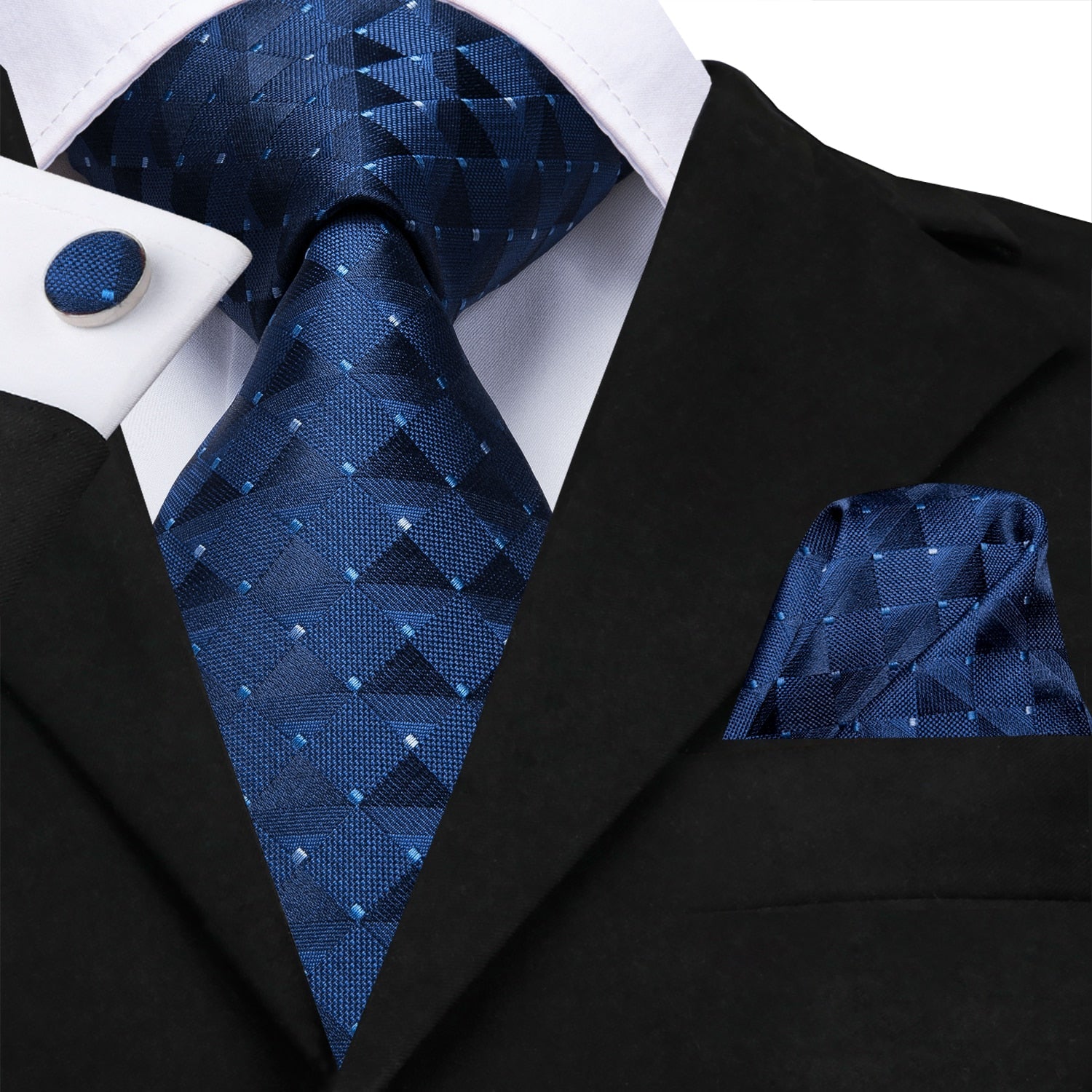 3 Piece Business Classic Blue Black Striped Solid Men's 3.4" Brand Necktie Pocket Square Cufflinks Wedding Party Silk Tie Set The Clothing Company Sydney