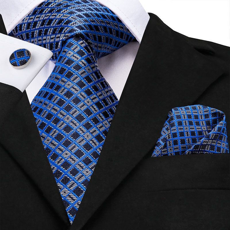 3 Piece Business Classic Blue Black Striped Solid Men's 3.4" Brand Necktie Pocket Square Cufflinks Wedding Party Silk Tie Set The Clothing Company Sydney