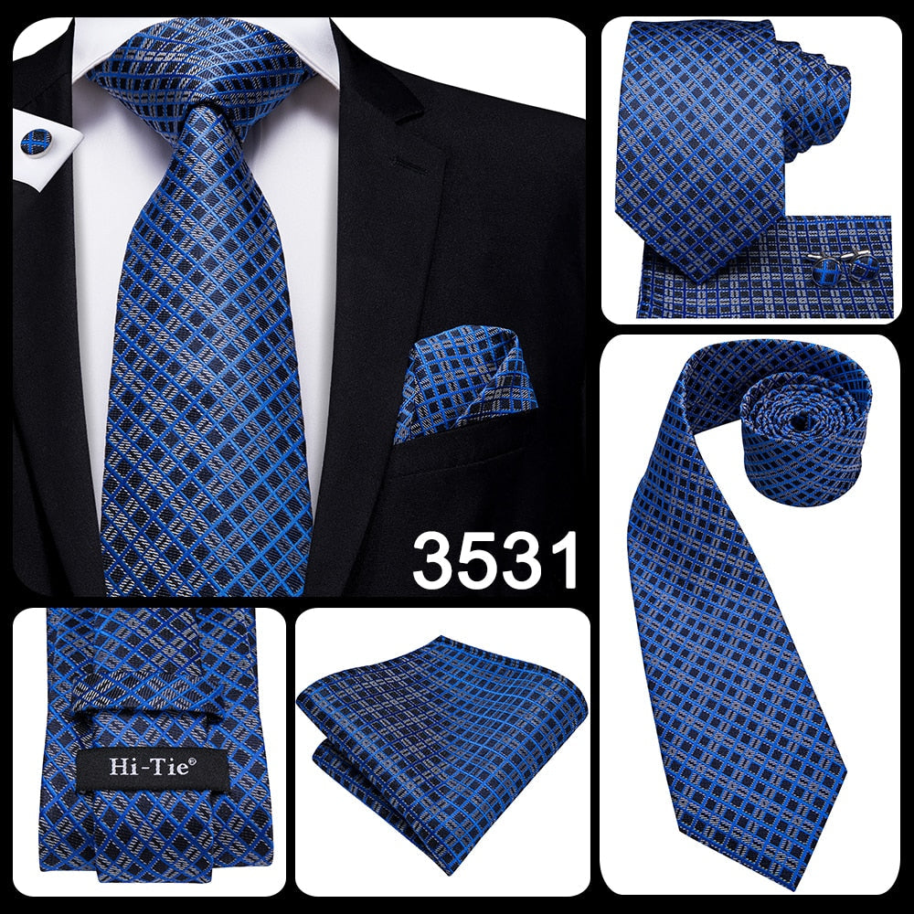 3 Piece Business Classic Blue Black Striped Solid Men's 3.4" Brand Necktie Pocket Square Cufflinks Wedding Party Silk Tie Set The Clothing Company Sydney