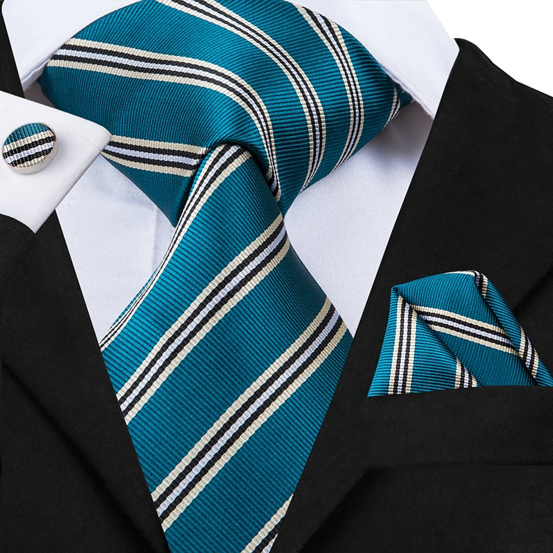 3 Piece Business Classic Blue Black Striped Solid Men's 3.4" Brand Necktie Pocket Square Cufflinks Wedding Party Silk Tie Set The Clothing Company Sydney