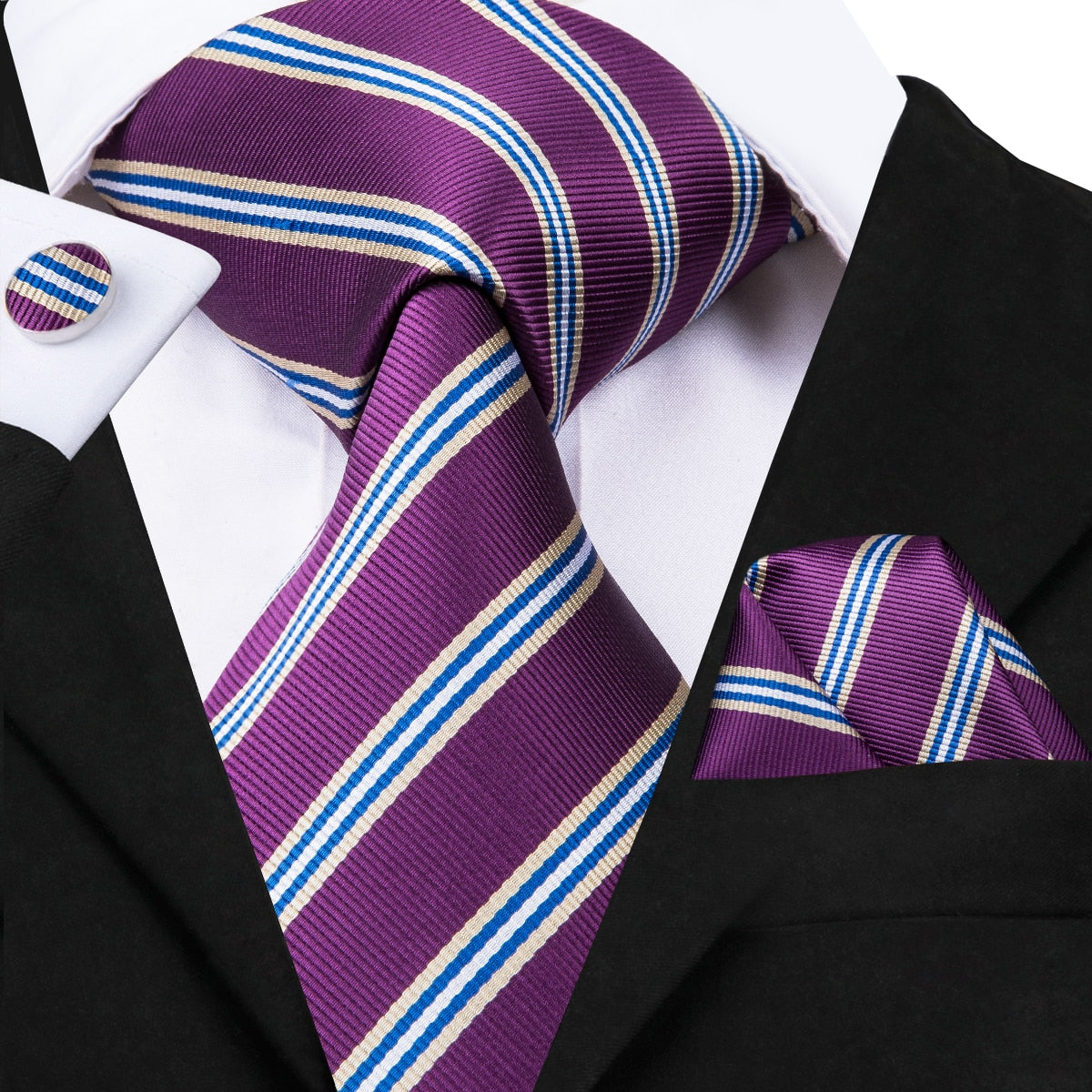 3 Piece Business Classic Blue Black Striped Solid Men's 3.4" Brand Necktie Pocket Square Cufflinks Wedding Party Silk Tie Set The Clothing Company Sydney
