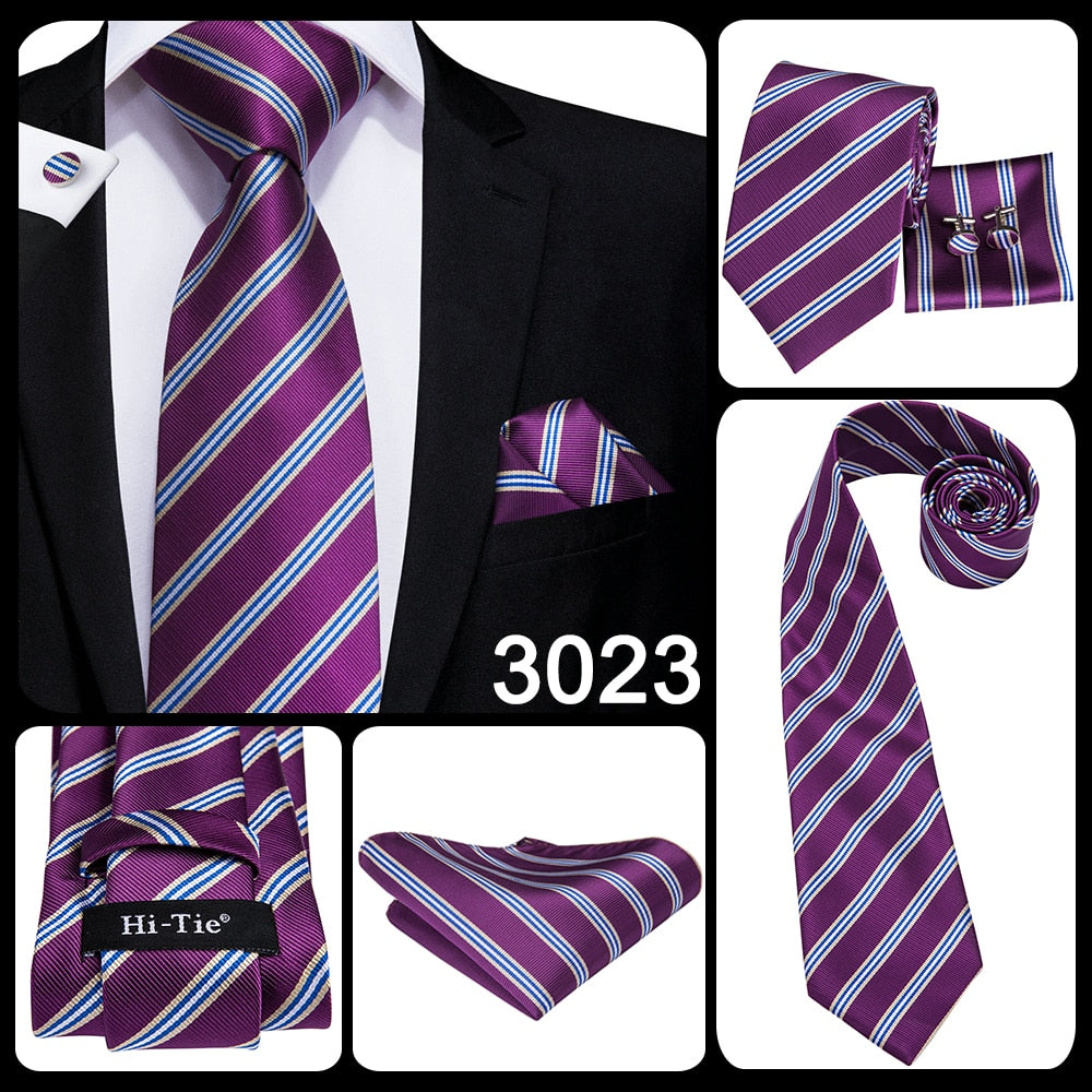 3 Piece Business Classic Blue Black Striped Solid Men's 3.4" Brand Necktie Pocket Square Cufflinks Wedding Party Silk Tie Set The Clothing Company Sydney