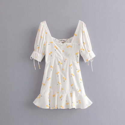 Elegant vintage summer white yellow cherry strap puff sleeve high waist lining silk-like beach mini dress The Clothing Company Sydney