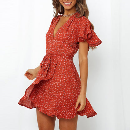 Summer Boho Print Women Sexy V Neck Holiday Beach A Line Short Sleeve Ruffles Bandage Mini Dress The Clothing Company Sydney