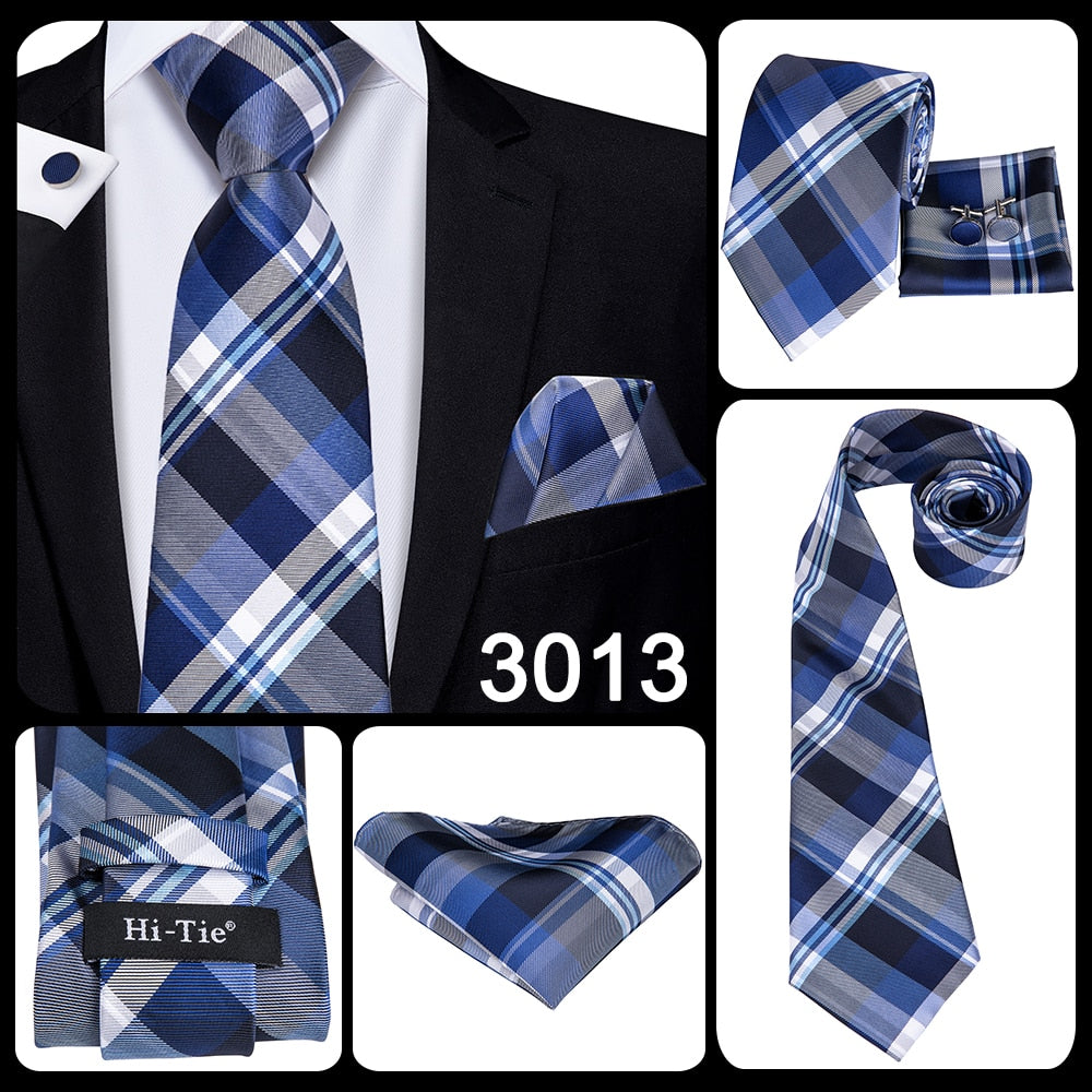 3 Piece Business Classic Blue Black Striped Solid Men's 3.4" Brand Necktie Pocket Square Cufflinks Wedding Party Silk Tie Set The Clothing Company Sydney