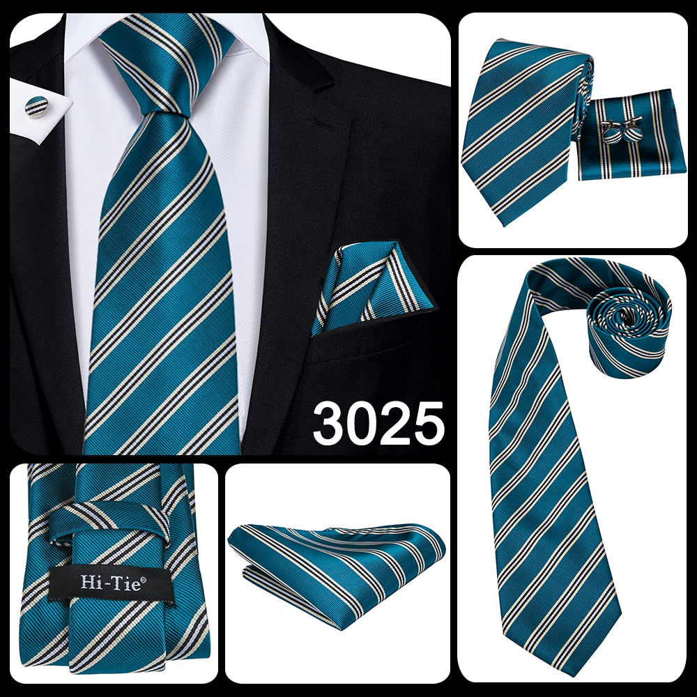 3 Piece Business Classic Blue Black Striped Solid Men's 3.4" Brand Necktie Pocket Square Cufflinks Wedding Party Silk Tie Set The Clothing Company Sydney
