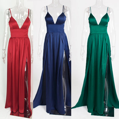 Sexy High Split Long Party V Neck Strappy Padded Red Navy Green Satin Summer Backless Hollow Out Dress The Clothing Company Sydney