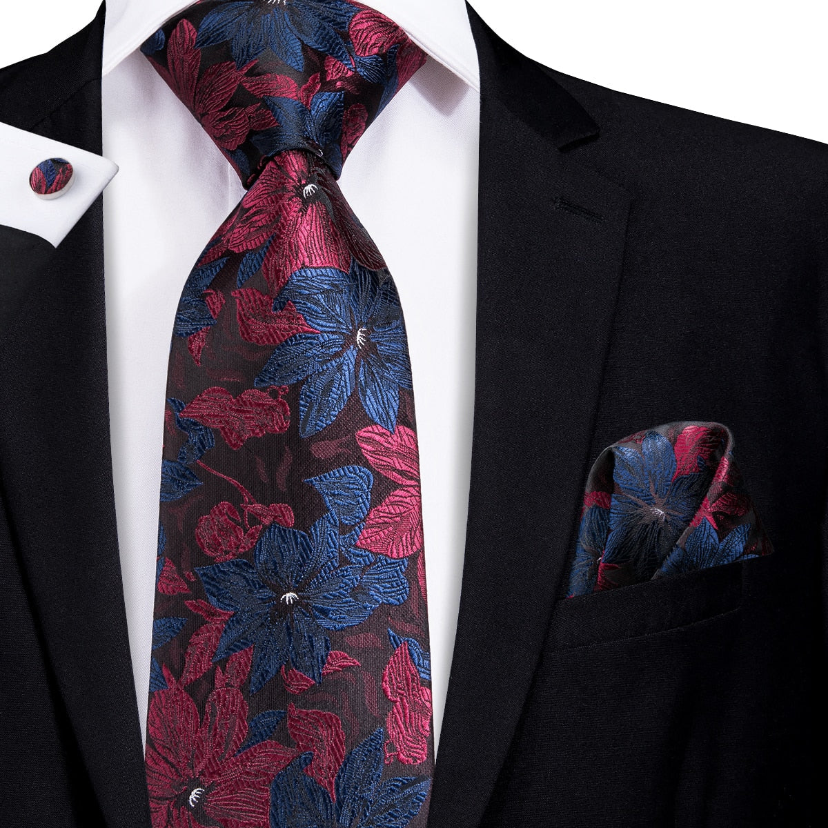 3 Piece 8.5cm Silk Men Floral Red Blue Neckties Classic Party Wedding Pocket Square Cufflinks Luxury Tie Set The Clothing Company Sydney