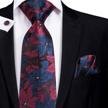 3 Piece 8.5cm Silk Men Floral Red Blue Neckties Classic Party Wedding Pocket Square Cufflinks Luxury Tie Set The Clothing Company Sydney