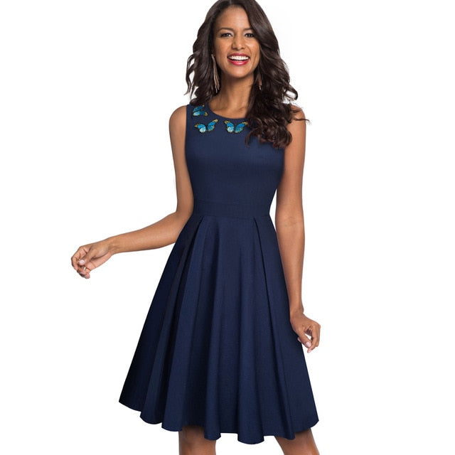 Elegant Embroidery Butterfly Sleeveless A-Line Business Party Women Flare Dress The Clothing Company Sydney