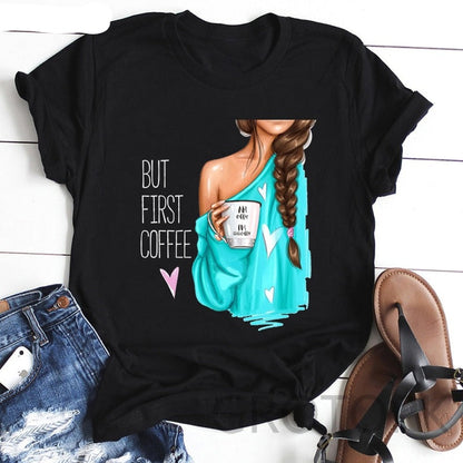 BUT FIRST COFFEE Women's T-shirt New Arrival Funny T Shirts Streetwear Polyester Tee Shirt Plus Size Woman Clothes The Clothing Company Sydney