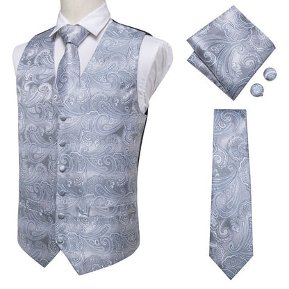 4 Piece Navy Paisley 100% Silk Dress Vest Dark Blue Jacquard Men's Suit Vest Waistcoat Tie Cufflinks Pocket Square Set The Clothing Company Sydney