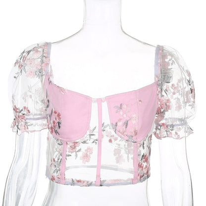 Square Neck Pink Mesh Embroidery Transparent Cropped Bustier Top Summer Shirt Puff Sleeve Blouse The Clothing Company Sydney