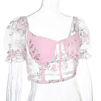 Square Neck Pink Mesh Embroidery Transparent Cropped Bustier Top Summer Shirt Puff Sleeve Blouse The Clothing Company Sydney