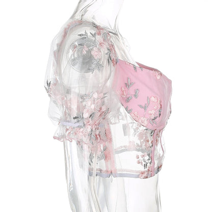 Square Neck Pink Mesh Embroidery Transparent Cropped Bustier Top Summer Shirt Puff Sleeve Blouse The Clothing Company Sydney