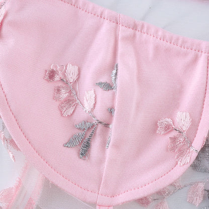 Square Neck Pink Mesh Embroidery Transparent Cropped Bustier Top Summer Shirt Puff Sleeve Blouse The Clothing Company Sydney