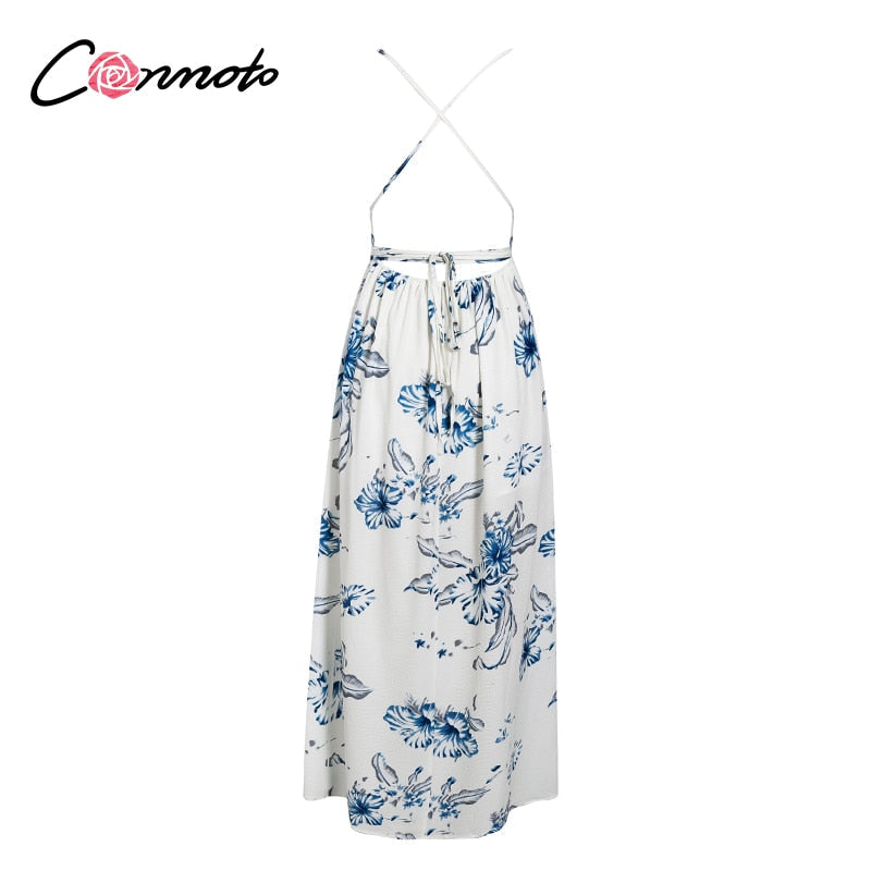 Chiffon boho beach casual long backless sexy dresses spaghetti strap plus size white floral dress The Clothing Company Sydney