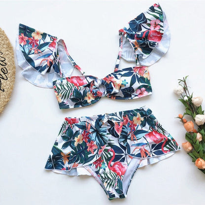 2 Piece High waist Ruffle swimsuit female swimwear women Off shoulder retro bathing suit with skirt Bikini Set The Clothing Company Sydney