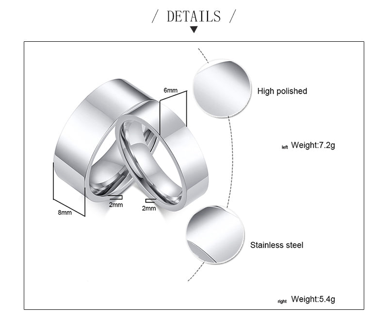 Classic Silver Color Wedding Ring Flat Top Stainless Steel Promise Ring For Women Men 6mm 8mm The Clothing Company Sydney
