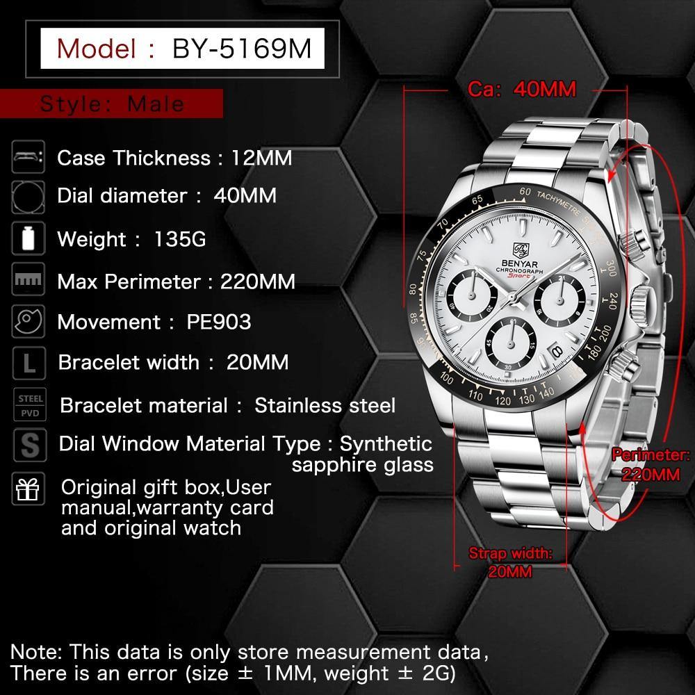 Benyar Men's Luxury Brand Chronograph Sport Waterproof Stainless Steel Quartz Watch The Clothing Company Sydney
