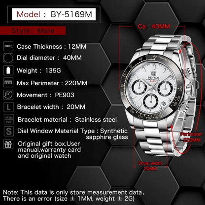 Benyar Men's Luxury Brand Chronograph Sport Waterproof Stainless Steel Quartz Watch The Clothing Company Sydney