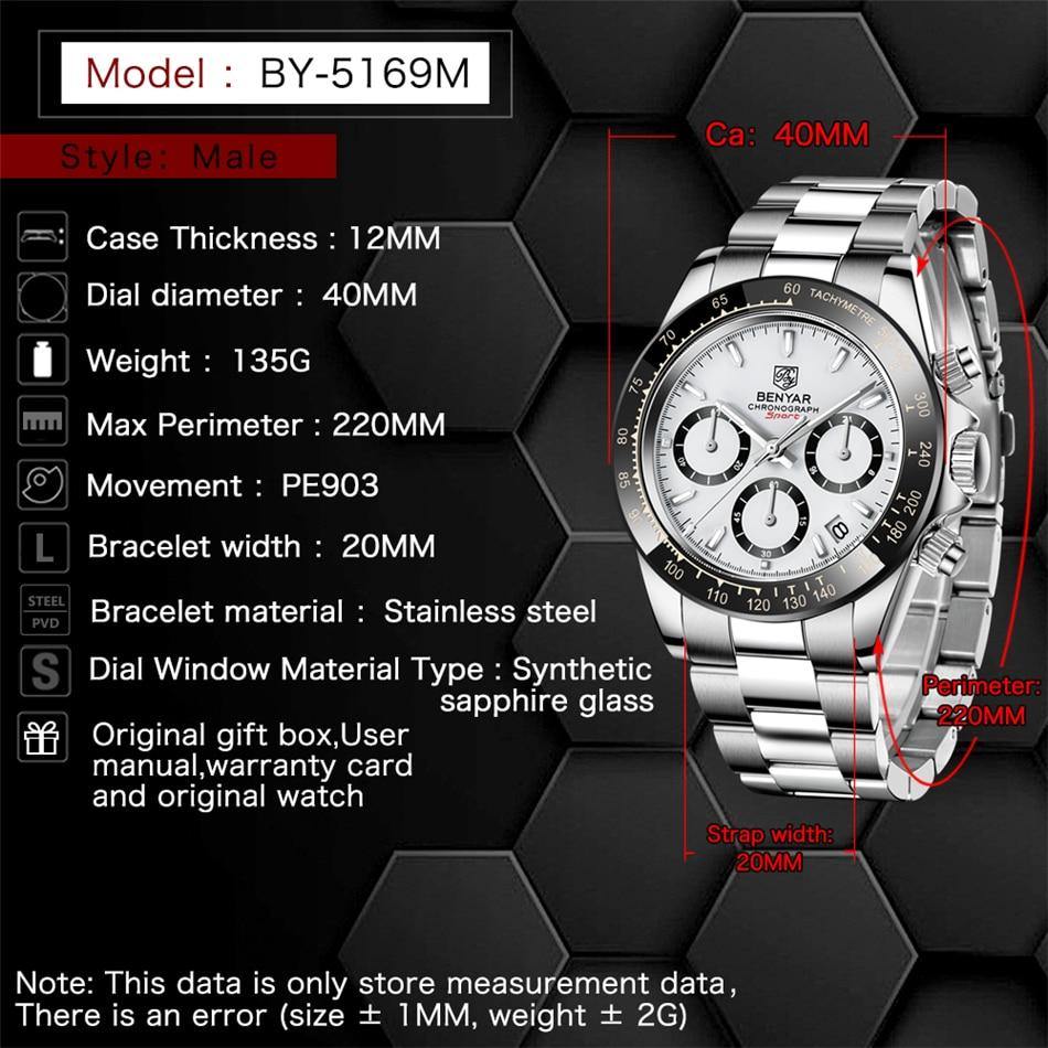 Benyar Men's Luxury Brand Chronograph Sport Waterproof Stainless Steel Quartz Watch The Clothing Company Sydney