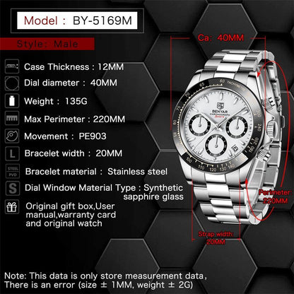 Benyar Men's Luxury Brand Chronograph Sport Waterproof Stainless Steel Quartz Watch The Clothing Company Sydney
