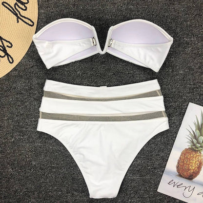 2 Piece High Waist Bikini Women Mesh Swimsuit Push Up Swimwear Off Shoulder Bikini Set Solid Bathing Suit Summer Beachwear The Clothing Company Sydney