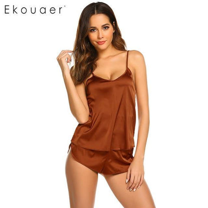 Summer Sleepwear Pyjamas Set Solid Adjustable Strap Cami Top Shorts Satin Loose Female Nightwear The Clothing Company Sydney