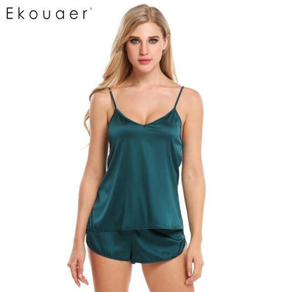 Summer Sleepwear Pyjamas Set Solid Adjustable Strap Cami Top Shorts Satin Loose Female Nightwear The Clothing Company Sydney