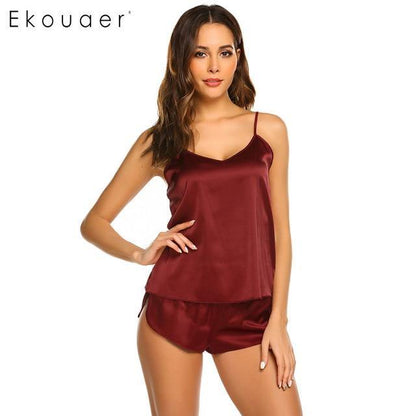 Summer Sleepwear Pyjamas Set Solid Adjustable Strap Cami Top Shorts Satin Loose Female Nightwear The Clothing Company Sydney