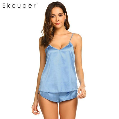 Summer Sleepwear Pyjamas Set Solid Adjustable Strap Cami Top Shorts Satin Loose Female Nightwear The Clothing Company Sydney