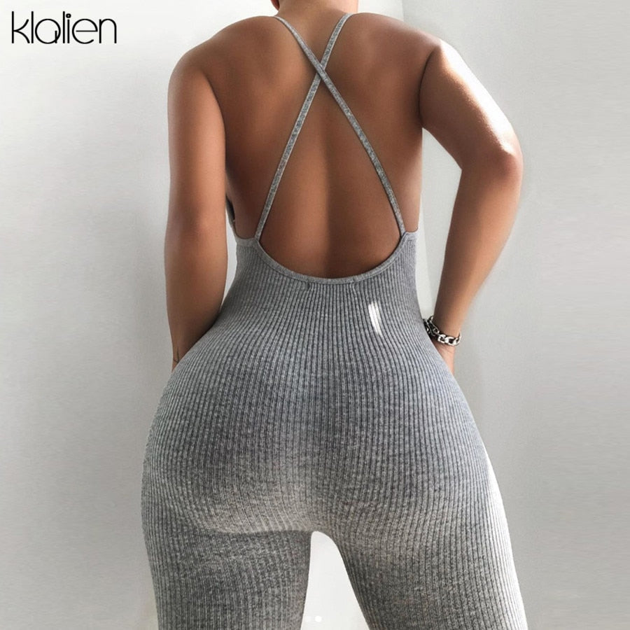 Summer Casual Sport Fitness Streetwear Jumpsuit Sexy V Neck Backless Skinny Elastic Jumpsuit Yoga Outfit The Clothing Company Sydney