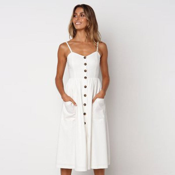 Summer Midi Women's Sling Backless Sleeveless Button Striped Dot Print Solid Beach Dress With Pockets The Clothing Company Sydney