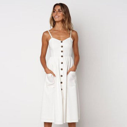 Summer Midi Women's Sling Backless Sleeveless Button Striped Dot Print Solid Beach Dress With Pockets The Clothing Company Sydney