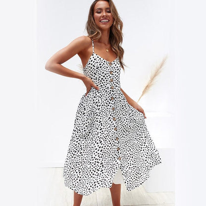 Summer Midi Women's Sling Backless Sleeveless Button Striped Dot Print Solid Beach Dress With Pockets The Clothing Company Sydney