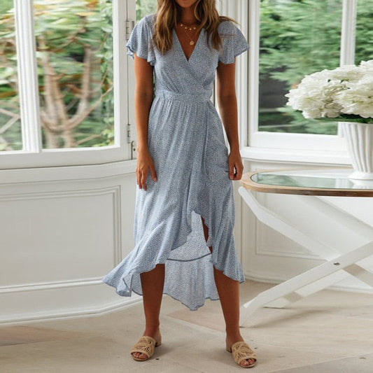 Boho Floral Print Beach Summer Long Sexy High Slit V-Neck Wrap Bodycon Party Maxi Ruffle Robe Split Dress The Clothing Company Sydney