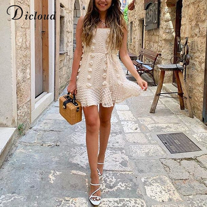 Spaghetti Strap Ruffle Summer Boho Beige Backless Lined Party Beach Sundress Elegant Dress The Clothing Company Sydney