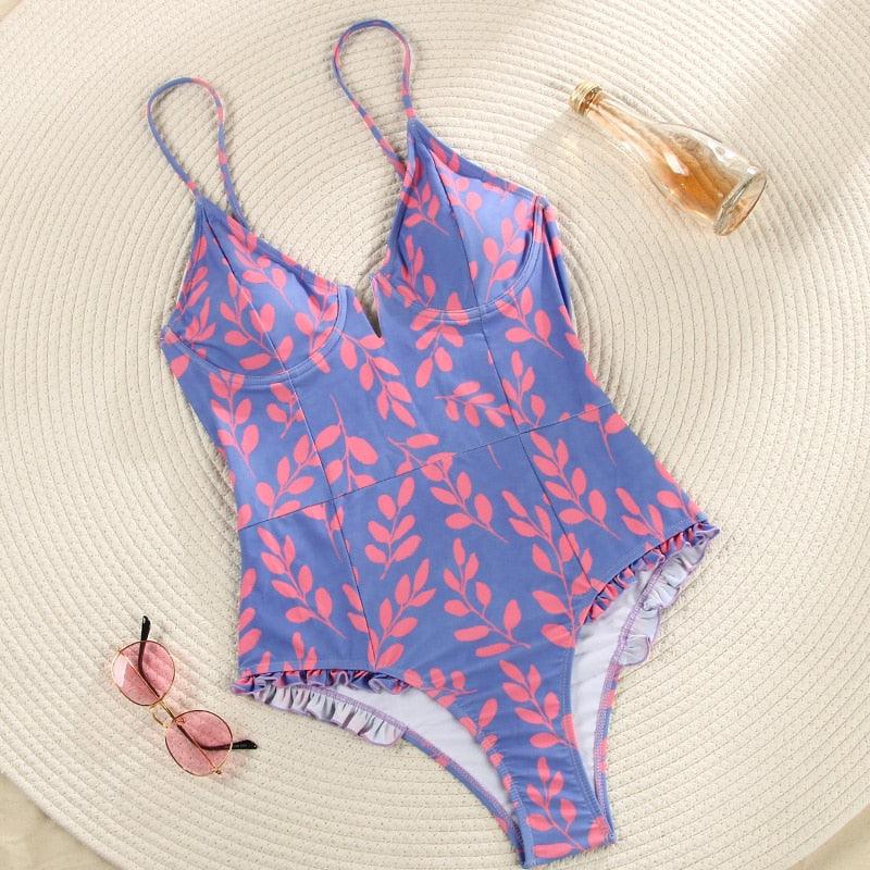 1Piece V Neck Swimwear Bathing Suit Floral Purple Black Monokini Ruffle One Piece Swimsuit The Clothing Company Sydney