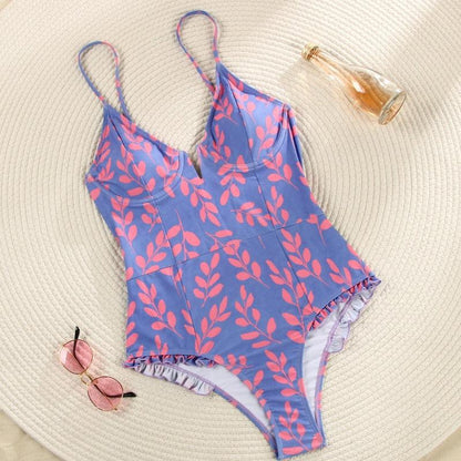 1Piece V Neck Swimwear Bathing Suit Floral Purple Black Monokini Ruffle One Piece Swimsuit The Clothing Company Sydney